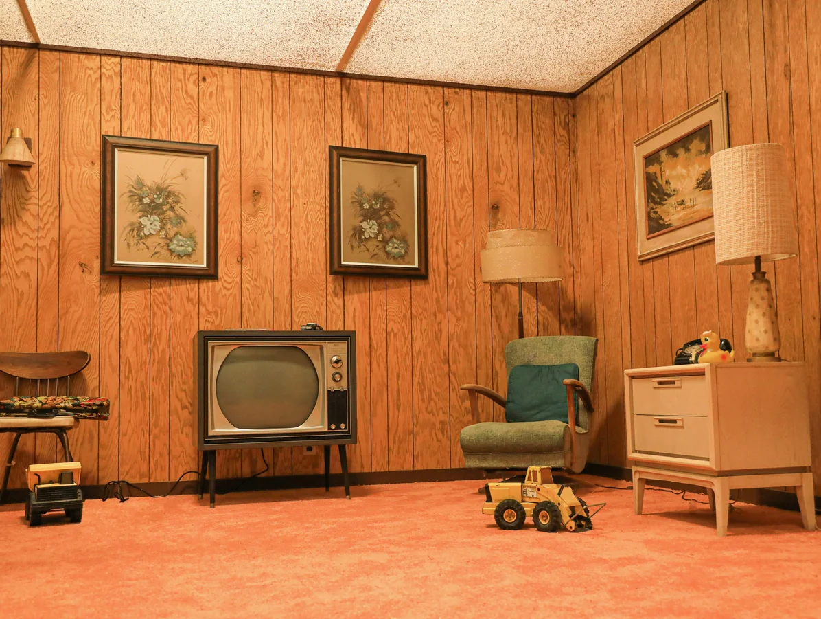 1970s home interior showcasing shag carpeting and floral prints 1970s home interior showcasing shag carpeting and floral prints
