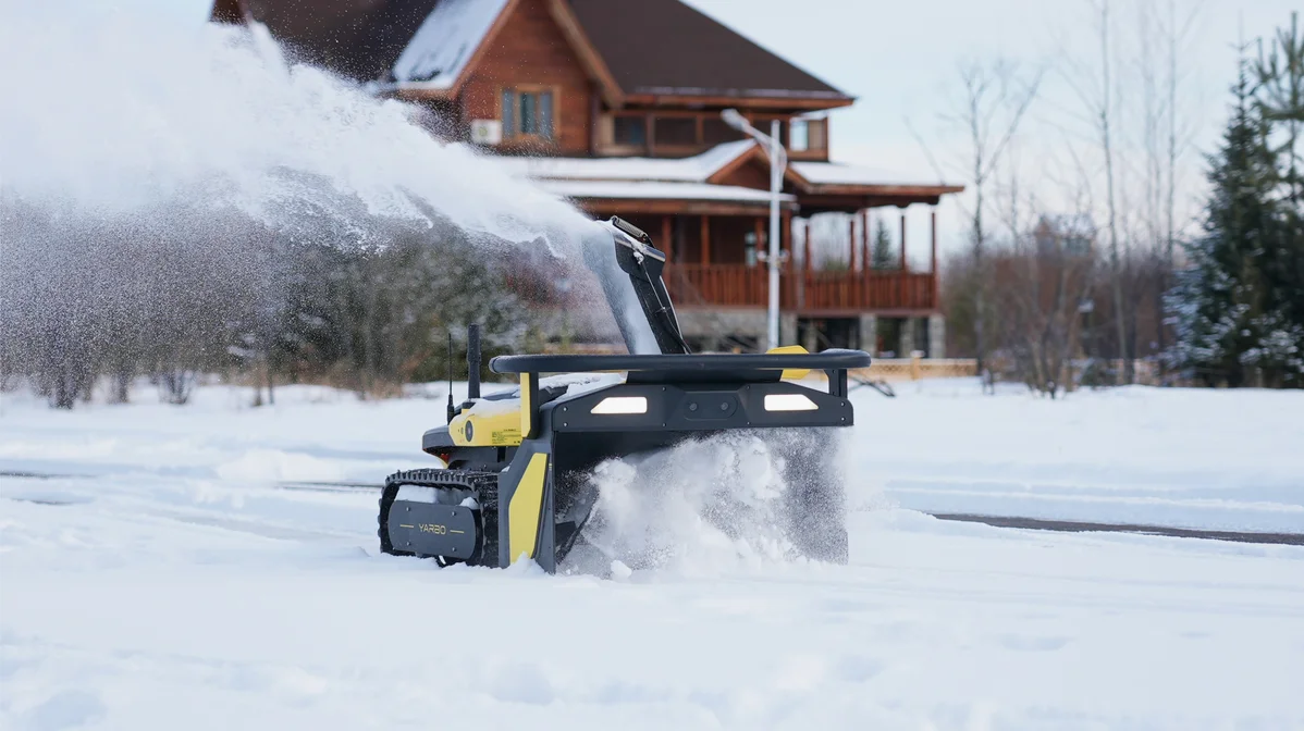 A person cleaning a snowblower after use A person cleaning a snowblower after use